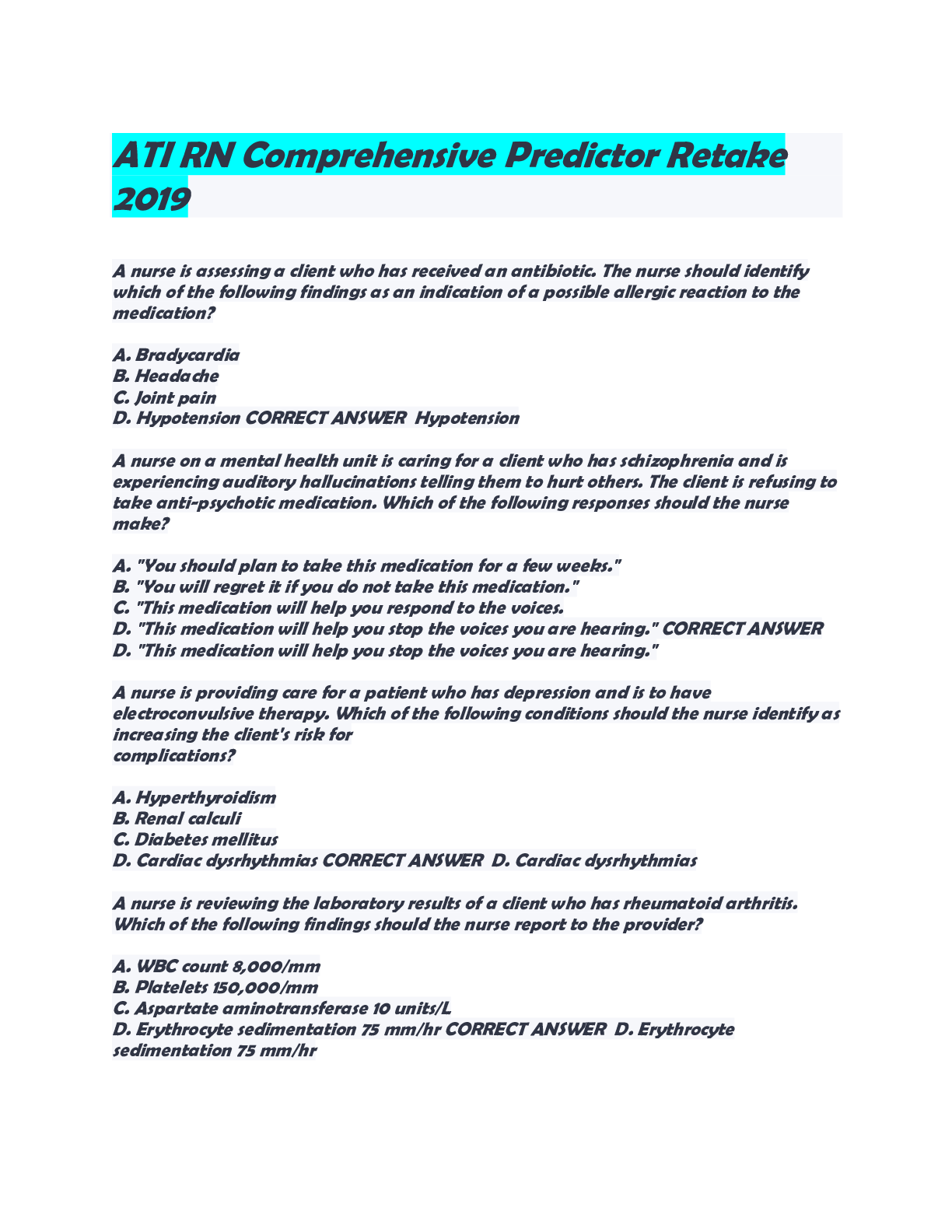 Preview image for ATI RN Comprehensive Predictor Retake 2019